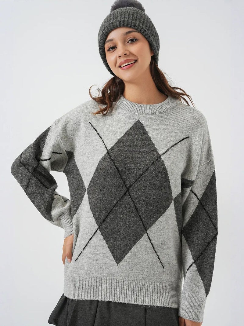 BIG DART BDART Oversized Argyle Crew Neck Jumper - Image 1